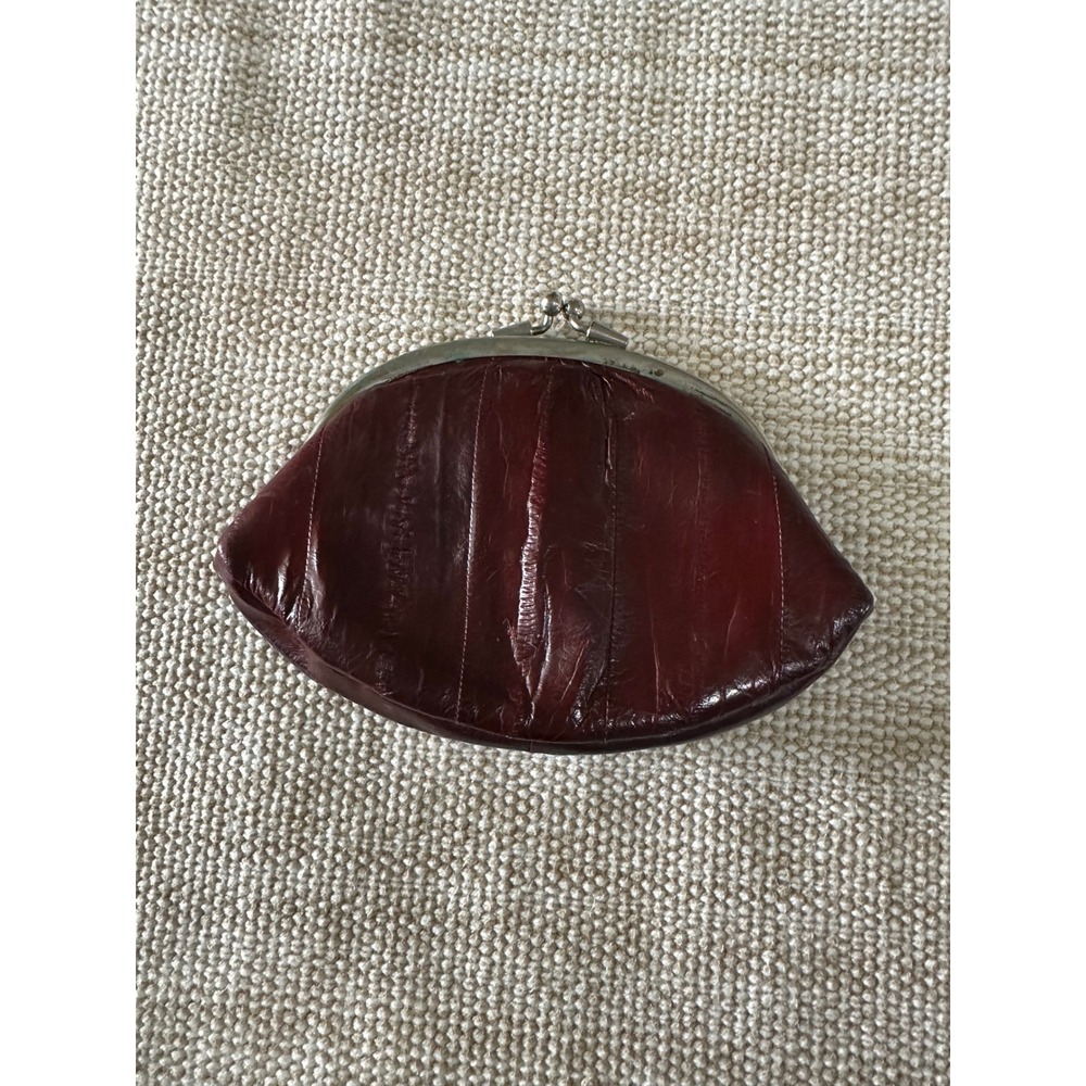 Lee Sands Vintage Genuine Eel Skin Coin Purse Burgundy Kiss Lock Double Pouch